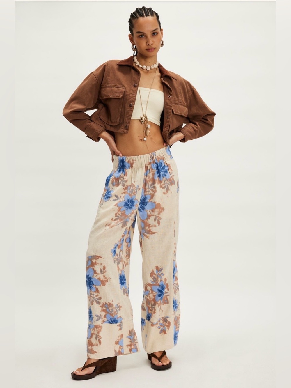 Free People Days End Printed Linen Pull On Pant NWT Ivory Combo Floral 🌸